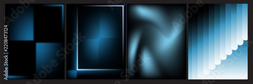 Modern blue abstract cover templates set. Vector vertical poster, brochure and invitation layouts with glowing gradients, geometric star, circles and layered shapes