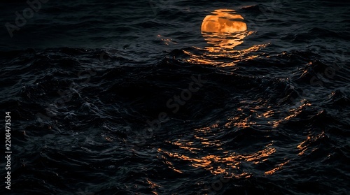 Golden Full Moon Reflection on Dark Ocean Waves