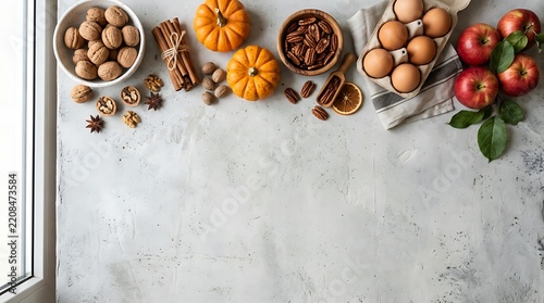 Thanksgiving day thanksgiving celebration Autumn Baking Ingredients Including Pumpkins Nuts Eggs Cinnamon and Apples on Textured Surface fall
