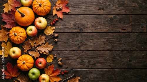 Thanksgiving day thanksgiving celebration Autumn Harvest Arrangement of Pumpkins Apples and Leaves on Dark Wood Surface autumn, fall, harvest, pumpkins