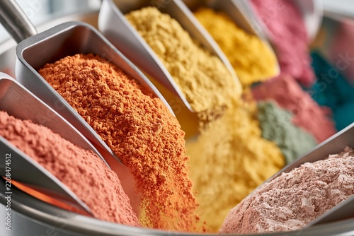 Scoops of colorful powders are measured for formulation. Ingredients are organized in a stainless steel container. Production process begins for cosmetic or food items
