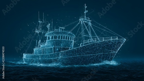 A glowing blue digital wireframe fishing vessel moves through dark ocean waters. Ideal for illustrating marine technology, data analytics, and smart maritime solutions.