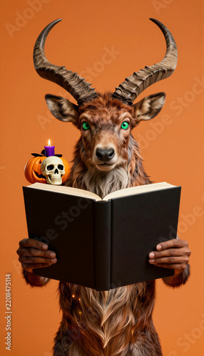 Kudu antelope creature with bright green eyes reading book