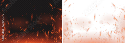 Red fire sparks and orange embers flying transparent overlay