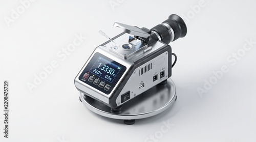 Isometric Abbe digital refractometer silver black, eyepiece, prism cover open with liquid drop pipette, LCD showing 1.3330 nD 20.0°C, USB ports, on round metal base, white background