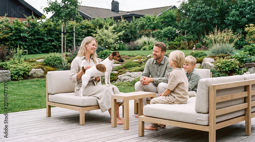 Family relaxing with their dog on a patio in a lush green garden