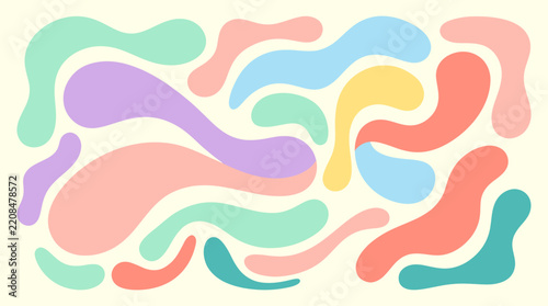 Abstract vector illustration featuring colorful pastel organic shapes and fluid liquid blobs on a light background, perfect for modern aesthetic patterns, backgrounds, and creative design projects.