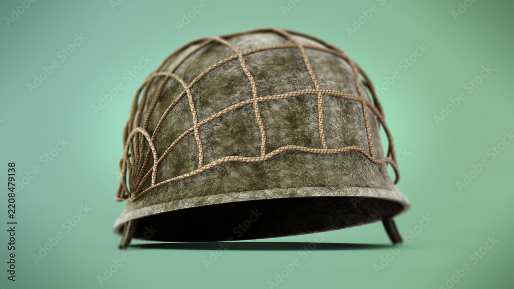 Obraz premium World War II helmet isolated on green background. 3D illustration