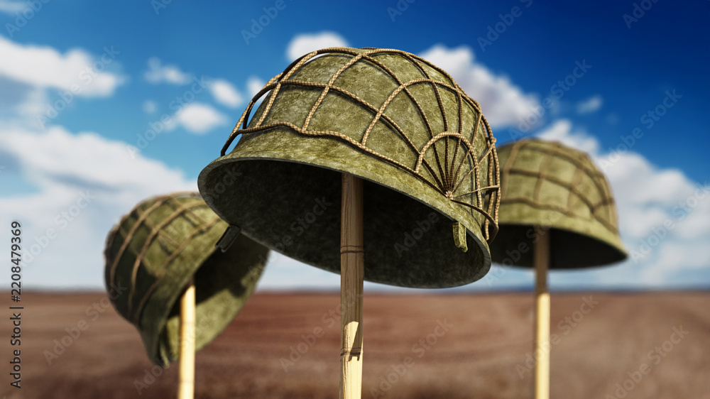 Obraz premium World War II helmets against blue sky. 3D illustration