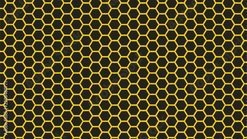 Sport jersey sublimation background vector with dense tight honeycomb hexagon grid pattern in black, dark gray, and gold yellow. Bold hive tech design for athletic wear and sublimation print.