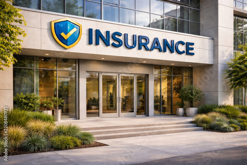 Insurance agency facade with blue lettering and gold shield