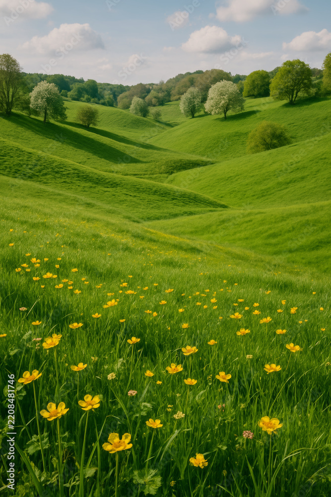 Obraz premium Rolling green meadow hills dotted with small yellow wildflowers