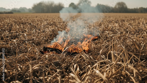 A small fire burning in a dry harvested field with smoke rising into the clear afternoon sky