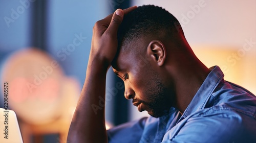 A student sits at his desk in deep concentration, submitting a final project moments before deadline. Blue pre-dawn light and warm tones capture the intensity and relief.