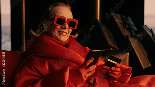 A stylish senior woman in a red outfit shops online with her smartphone in a modern living room. Black parcels and a bank card highlight her love for contemporary shopping.
