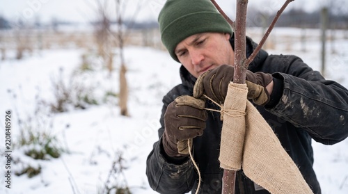 Farmer securing young tree with protective fabric in snowy winter landscape with copy space
