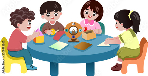 cheerful illustration of diverse kids engaged in group learning.