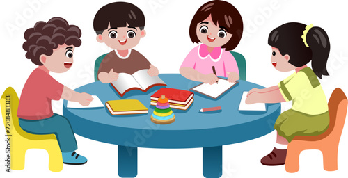 Bright, cheerful illustration of diverse kids engaged in group learning.