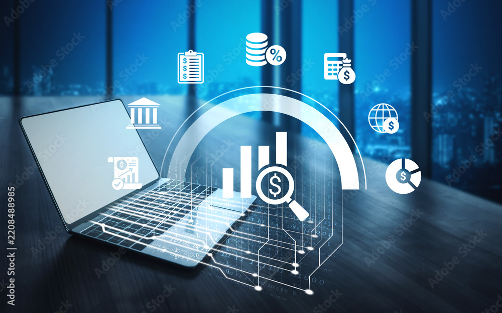 Fototapeta premium A modern laptop displays digital finance graphics, highlighting growth and data analysis in an office setting with a city skyline at night, symbolizing business success and strategy. Ledger