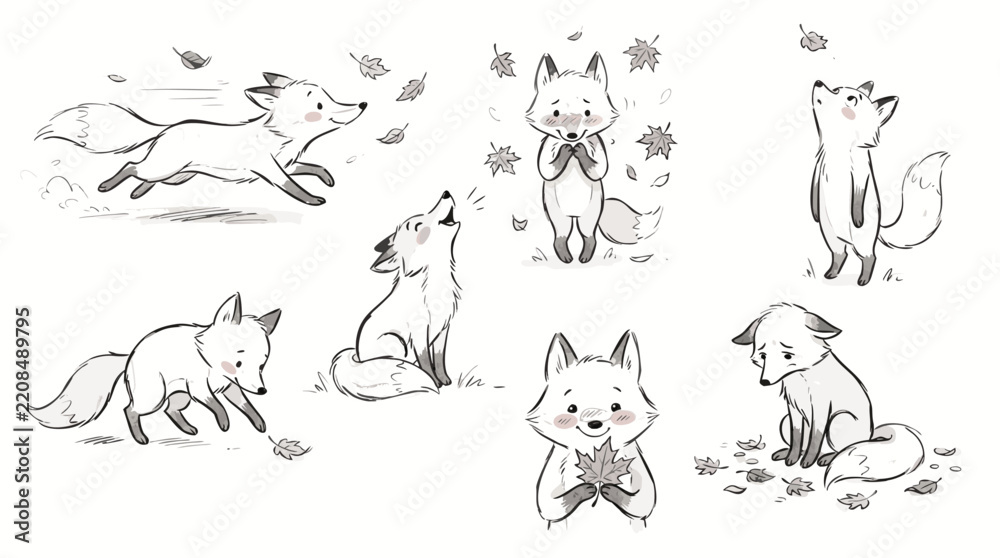 Obraz premium Cute little fox sketch set featuring playful foxes running sitting howling standing and playing with autumn leaves vector illustration