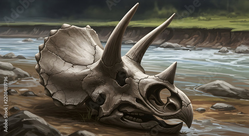 Triceratops Skull Fossil Beside a River