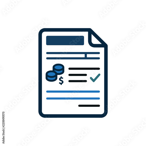 Financial Document Icon with Coins and Completed Checkmark