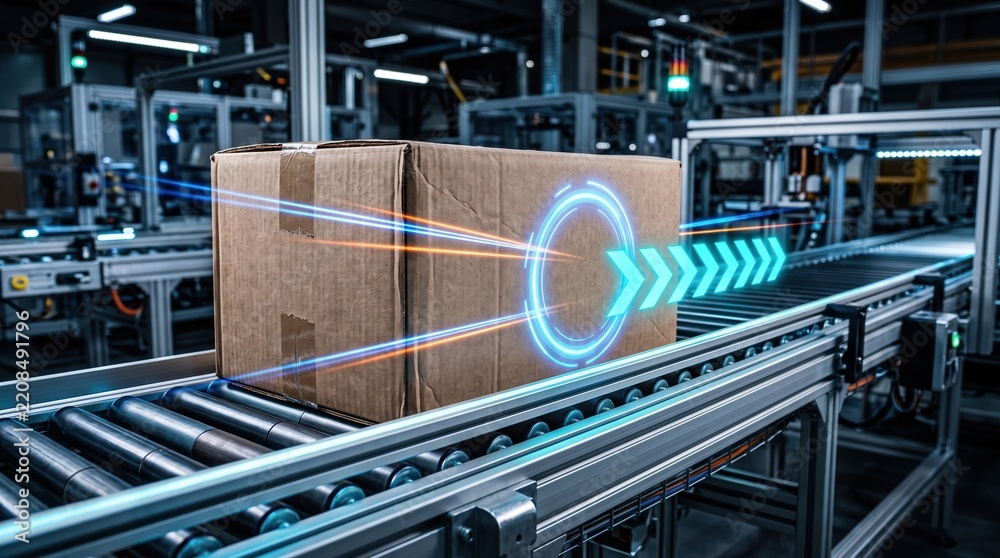 Fototapeta premium a cardboard package box moving on an automated roller conveyor with digital light arrow graphics