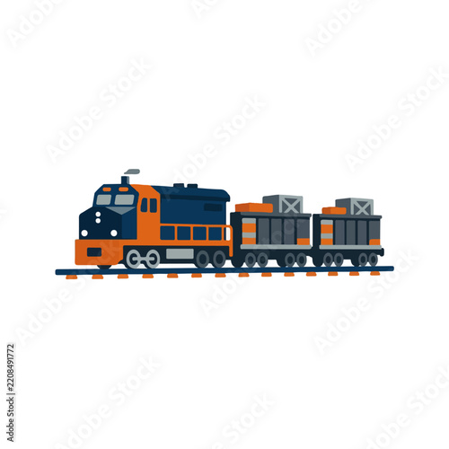 Freight Locomotive Train with Cargo Cars on Railroad Tracks