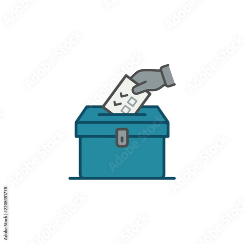 Gray Hand Inserting Marked Ballot Paper into Teal Ballot Box