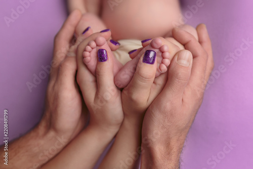 Baby Feet Held by Parents' Hands on Purple Background