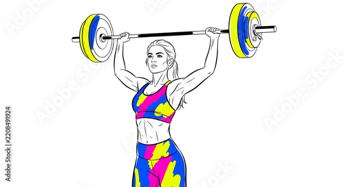 Female weightlifter performing clean and jerk exercise illustration isolated on transparent background