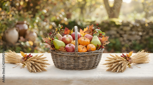 Fresh fruit basket with wheat bundles on table