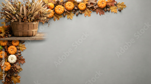 Autumn pumpkins and dried flowers decoration