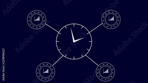 Central Clock Connected to Four Circular Graphs on Dark Blue Background abstract analysis