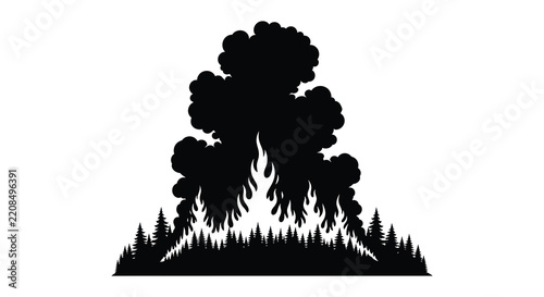 Forest fire with smoke and trees depicted as a black silhouette