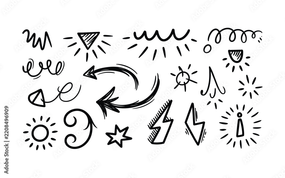 Fototapeta premium Hand Drawn Doodle Set Featuring Arrows, Stars, Lightning Bolts, and Sunbursts in Sketchy Vector Style