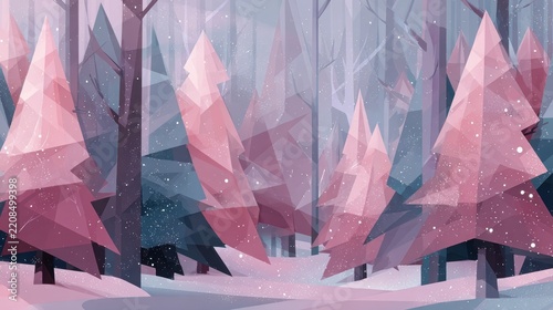 Geometric cubist illustration of frosted angular trees in a snowy landscape, featuring layered pink planes and soft sparkling lights for a festive winter ambiance