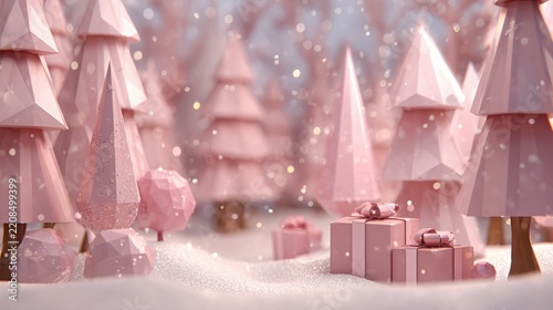 Pastel pink cubist holiday forest with angular tree forms, stylized snow shapes, and faceted gift boxes creating a whimsical winter wonderland atmosphere with copy space