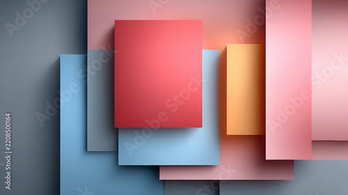 Abstract geometric composition featuring layered rectangles in soft hues, angled lines, and minimalistic design, ideal for modern business presentations with copy space