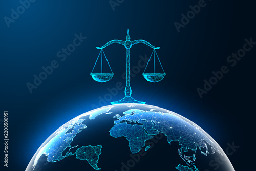 International Law and Global Justice with Scales Above Earth Neon Wireframe Vector