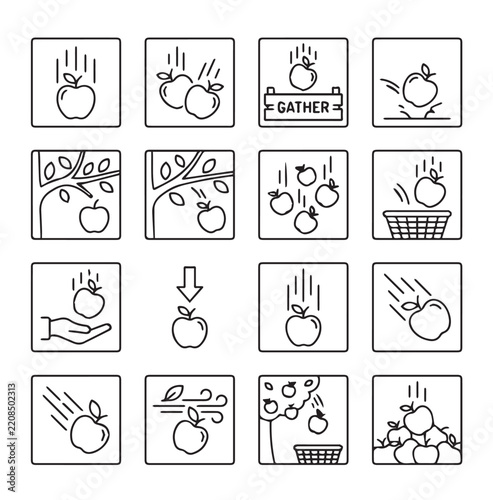 Falling Apples Icon Set During Harvest and Autumn Season in Clean Outline Style