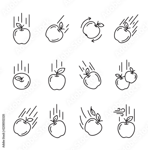 Falling Apples Motion Study with Wind and Rotation Against White Background
