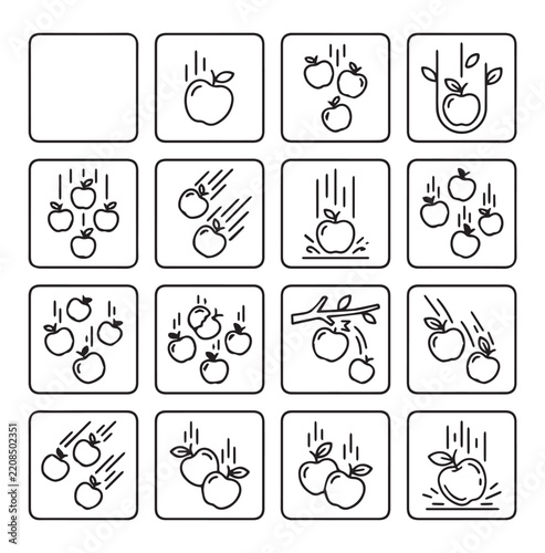 Falling Apples Icons in Various Stages of Descent on White Background Representing Gravity Concept