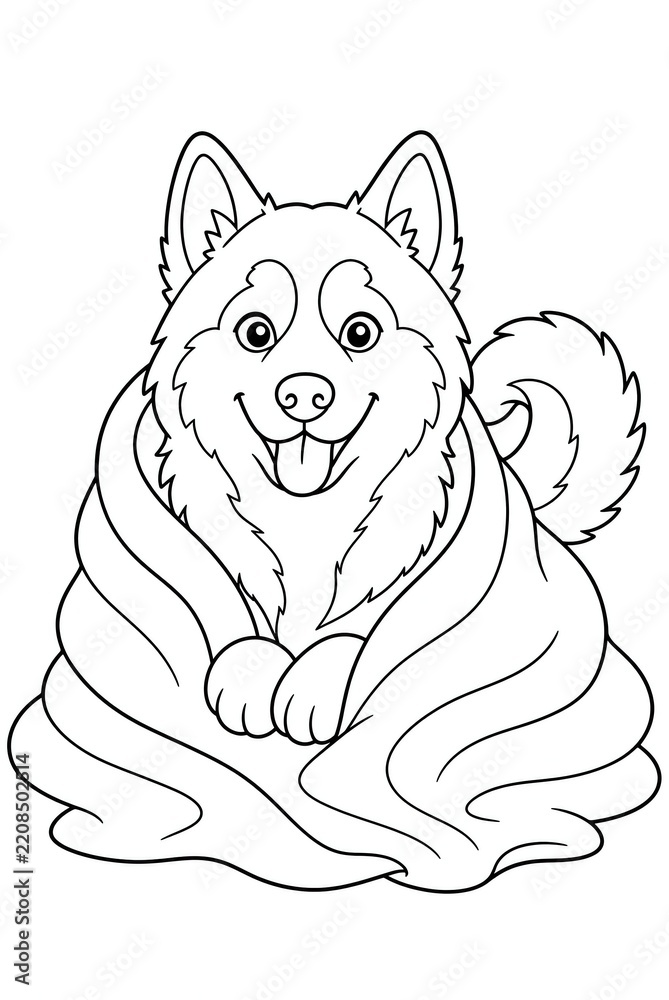 Fototapeta premium Husky Peeking Out of a Blanket Coloring Page