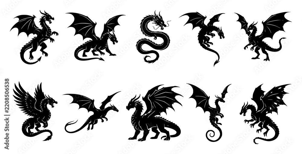 Fototapeta premium Dragon silhouette illustrations … set with simple line art design featuring outline, illustration, graphic elements with clean design and vector art