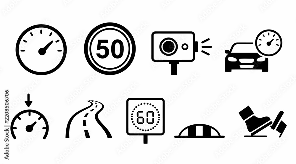 Fototapeta premium Automotive speedometer and traffic speed limit icon set.