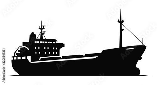 Black silhouette of a cargo ship against a white background depicts maritime transport