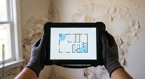 Person Holding Digital Tablet with Floor Plan in Renovating Room.
