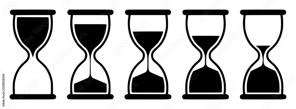 Fototapeta premium Five hourglass icons in set with simple line art design featuring sketches, drawings, vector graphics with minimalist and simple illustrations