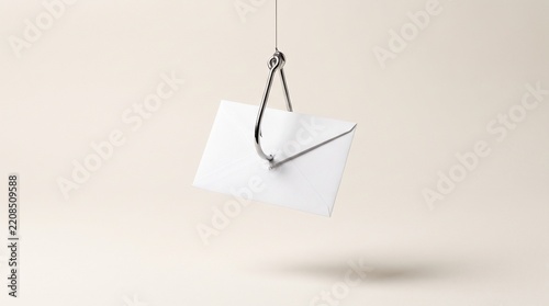 A white envelope dangling precariously from a fishing hook, symbolizing deception or bait